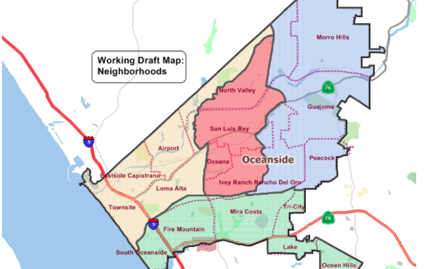 A map outlines a second proposal for voting districts in Oceanside, May 2017.