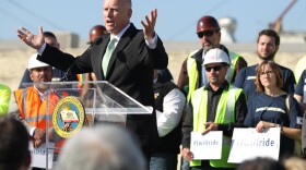 Gov. Jerry Brown is shown speaking to a crowd during the California High Speed Rail Authority's ground breaking of the high-speed rail on Jan. 6, 2015. 