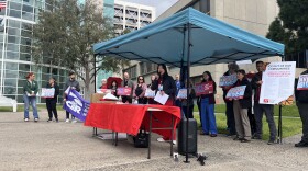 Registered nurses gather out front of UC San Diego Health's Hillcrest Medical Center, Feb. 19, 2026.