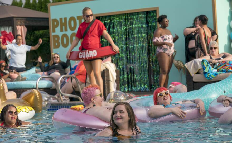 West says swimming is "the greatest of all the human activities" and she mourns the many years that she avoided it because she felt bad about her body. Above, Annie (Aidy Bryant) attends the Fat Babe Pool Party.