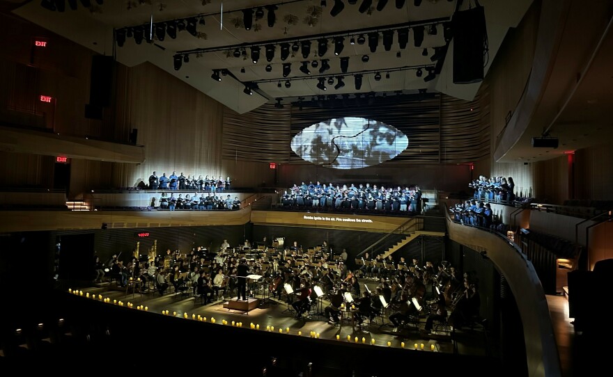 A rehearsal of <em>Émigré </em>by the New York Philharmonic at Lincoln Center's David Geffen Hall on Wednesday.