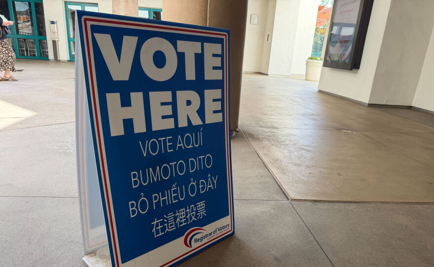 A "vote here" sign is on display at a Vote Center location at San Diego State University on June 1, 2026.