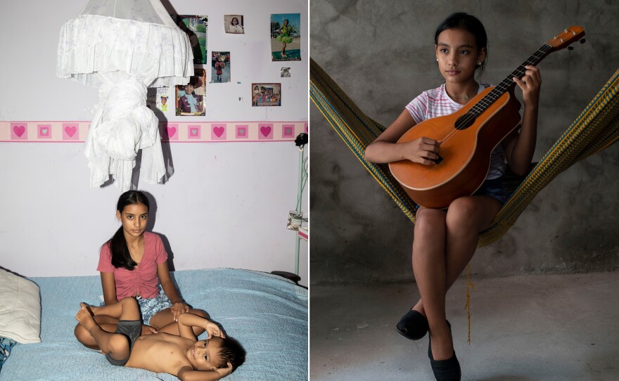 <strong>Left</strong>: Mariangel, 13, and her brother Daniel, 2, in Mariangel's room. They are Marcela and Gersi's only children. <strong>Right</strong>: Mariangel, the photo was taken at the beginning of the pandemic, during which time many children dropped out of school due to lack of access to virtual platforms.