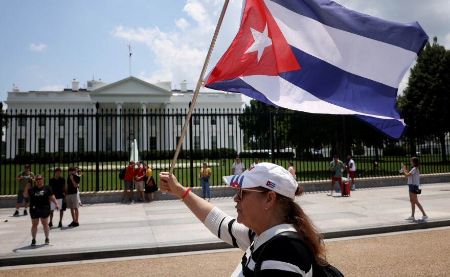Cuban Americans demonstrate outside the White House Monday in support of protests taking place in Cuba.