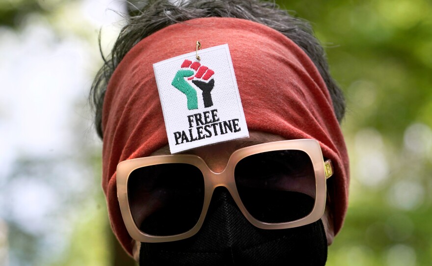An attendee at a pro-Palestinian protest on Portland State University's campus on April 29, in Portland, Ore.