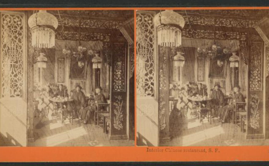 The interior of a Chinese restaurant in San Francisco, circa 1880.