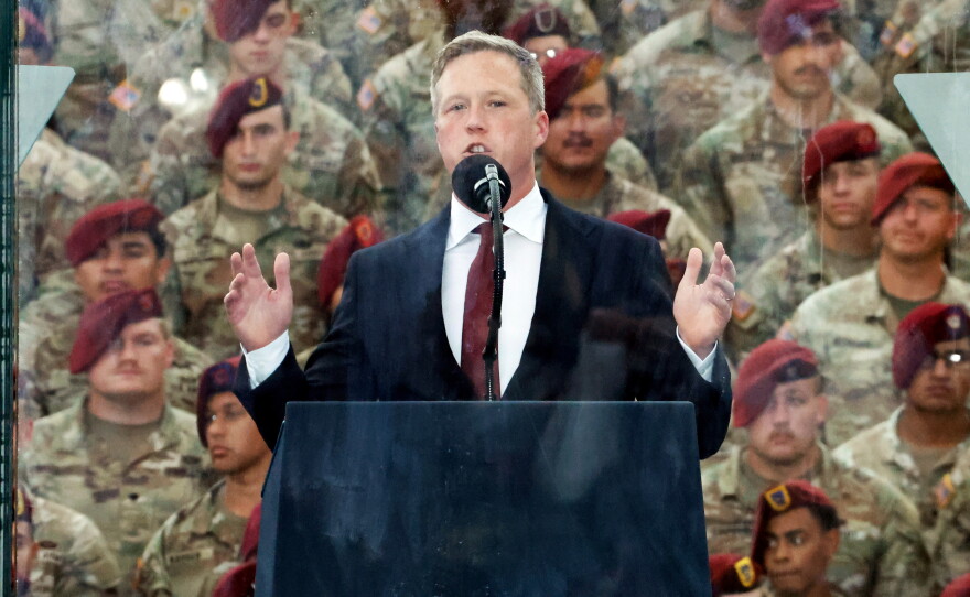 FILE - U.S. Army Secretary Dan Driscoll speaks at the America 250 celebration at Fort Bragg in Fayetteville, N.C., June 10, 2025. (AP Photo/Karl DeBlaker, File)