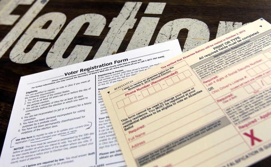 A voter registration form and absentee ballot application at a Franklin County polling place in Columbus, Ohio, on Tuesday. The deadline to register to vote in Ohio is Oct. 9.