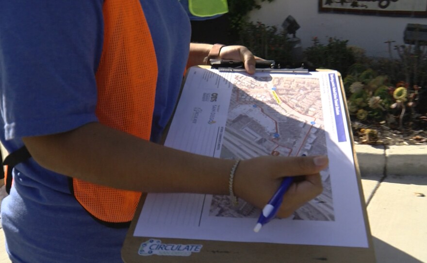 Maria Walker of Circulate San Diego is shown with a check list walkers used during the 'walk audit' on September 15, 2023.