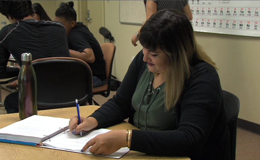 Katheryn Ramirez works during a Cuyamaca College math class, Aug. 28, 2017.