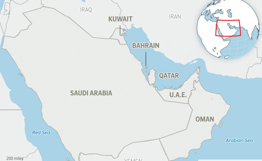 This is a locator map for the Gulf Cooperation Council member states: Saudi Arabia, Bahrain, Qatar, Oman, Kuwait and United Arab Emirates.