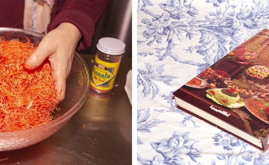 Left: The photographer's mother mixing <em>knafeh</em> food coloring into shredded phyllo dough. This is what gives the <em>knafeh</em> a deep orange color. Right: The old cookbook Huda Attar brought with her from Syria when she moved to the United States. She learned most of her recipes from this book.