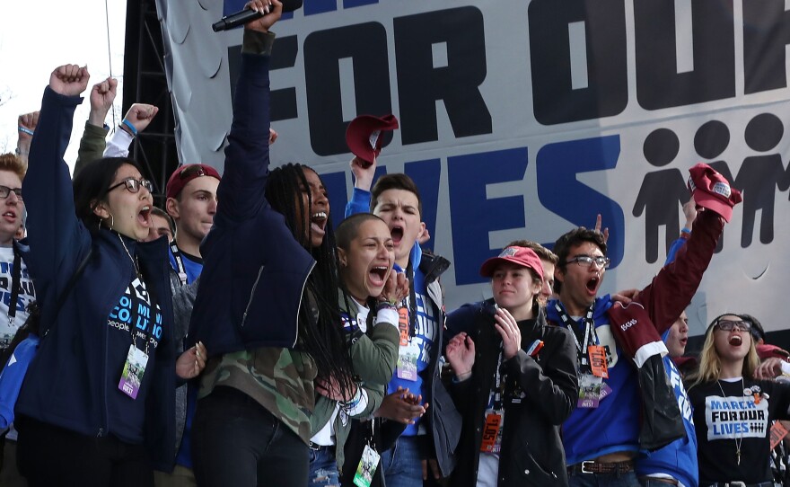 Students from Marjory Stoneman Douglas High School stand together at the March for Our Lives rally in 2018 in Washington, D.C. The survivors of the Parkland shooting called for legislative action to address gun violence.