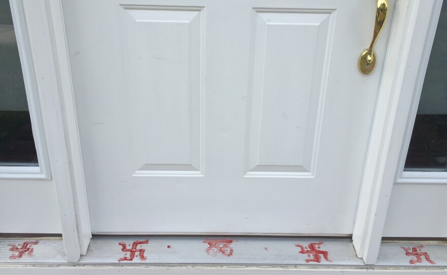 This year, the author's mother opted to paint on swastikas, rather than using stickers.