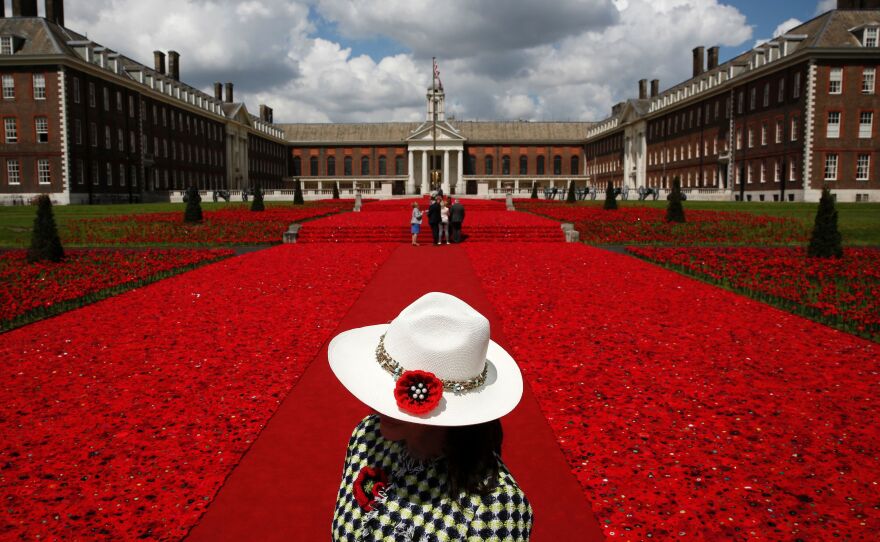 A volunteer stands to the entrance of the 5000 Poppies Garden at the Chelsea Flower Show, created by Australians Lynn Berry and Margaret Knight with designer Phillip Johnson. The project began as a small tribute to Berry and Knight's fathers, who fought in World War II.