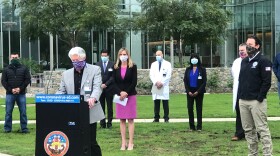San Diego County health officials announce plans to open a federal field hospital at the Palomar Medical Center in Escondido, Sunday, April 5, 2020. 