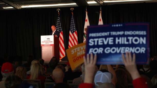 Republican gubernatorial candidate Steve Hilton speaking at the candidate forum at the California Republican Party Convention at the Sheraton Hotel in San Diego, April 11, 2026.