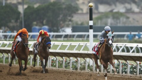 Horses race in the Pacific Classic at Del Mar Thoroughbred Club, Saturday, Aug. 20, 2016, in Del Mar, Calif.