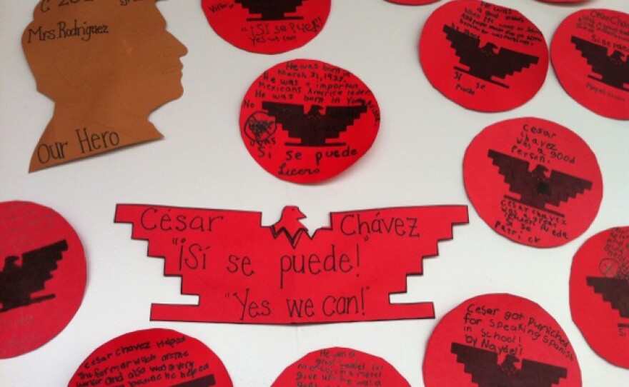 A tribute to Cesar Chavez featuring messages that students wrote hang on a classroom door at Cesar Chavez Elementary School in San Diego.  