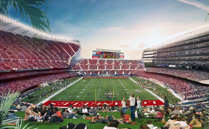 This undated artist rendering, provided by MANICA Architecture, shows a proposed NFL stadium in the city of Carson, that would be jointly shared by the San Diego Chargers and Oakland Raiders.