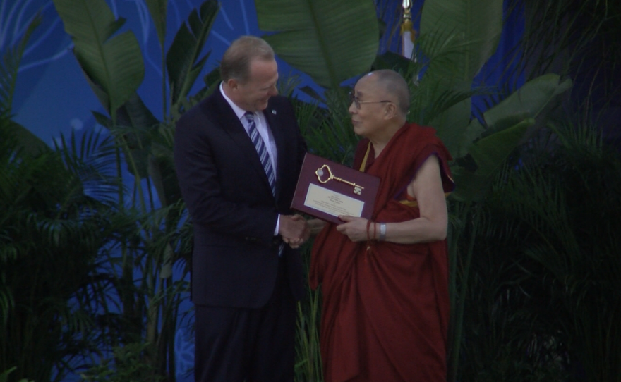 San Diego Mayor Kevin Faulconer presents the Dalai Lama with a key to the city, June 16, 2017.