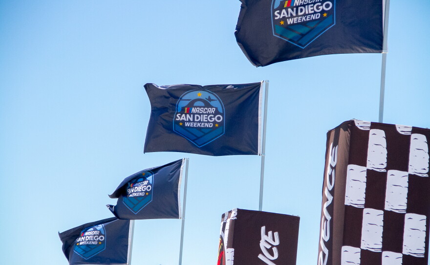 Nascar flags raised at NASCAR San Diego Weekend presented by Anduril at Naval Base Coronado on June 19, 2026.