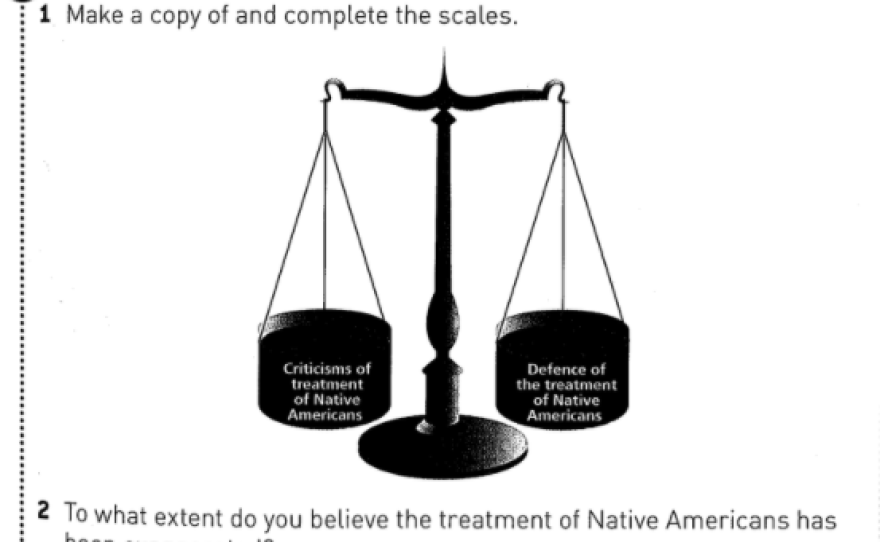 A textbook published by Hodder Education asks students whether treatment of Native Americans was "exaggerated." The textbook is no longer being sold, Hodder said.