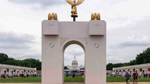 A mockup of President Donald Trump's proposed triumphal arch stands at the Great American State Fair on the National Mall, June 27, 2026, in Washington.