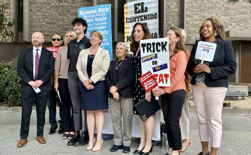 City leaders and people involved in the fight to stop flavored tobacco products from being sold are shown outside San Diego City Hall on October 17, 2023.