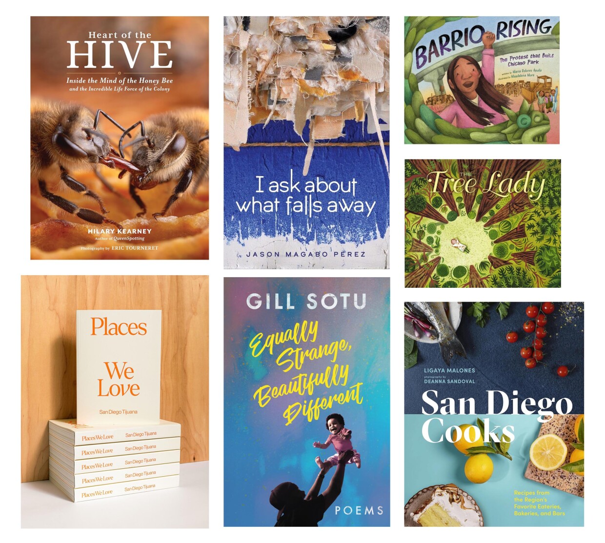 Clockwise:<br/><ul><li><b>“Heart of the Hive: Inside the Mind of the Honey Bee and the Incredible Life Force of the Colony”</b> by Hilary Kearney (Author), Eric Tourneret (Photographer) </li><li><b>“I ask about what falls away”</b> by Jason Magabo Perez</li><li><b>“Barrio Rising: The Protest that Built Chicano Park”</b> by María Dolores Águila (Author), Magdalena Mora (Illustrator) </li><li><b>“The Tree Lady: The True Story of How One Tree-Loving Woman Changed a City Forever”</b> by H. Joseph Hopkins (Author), Jill McElmurry (Illustrator)</li><li><b>“San Diego Cooks: Recipes from the Region’s Favorite Eateries, Bakeries, and Bars” </b>by Ligaya Malones (Author), Deanna Sandoval (Photographer) </li><li><b>“Equally Strange, Beautifully Different</b>” by Gill Sotu </li><li><b>“Places We Love: San Diego Tijuana”</b> by Megan Groth </li></ul>