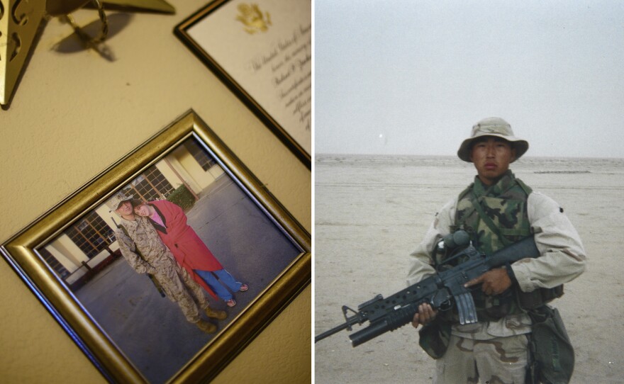 Left: A framed photo of Robert and Elena Zurheide. Right: A photo of Brad Shuder in Iraq. Robert Zurheide and Brad Shuder died after an explosion rocked a schoolhouse in Fallujah in 2004.
