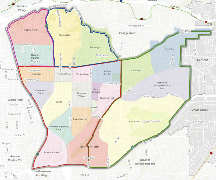 A detailed map of mid-city San Diego, showcasing various neighborhoods and areas.