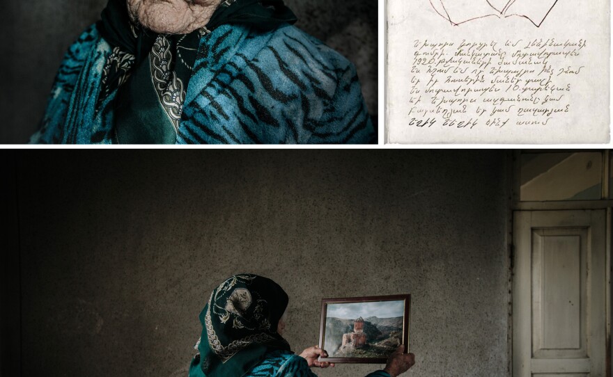 Yepraksia Gevorgyan holds an image of the location where she recalls escaping with her family. She was separated from her brother. "His name is Yeghia Ghazarian," she says. "I was 10 when I last saw him. He liked to put me on his shoulders and play with me at the orphanage. I don't remember much else about him except he has blue eyes, like mine." Her grandson drew the portrait sketch (top right).