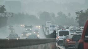 Drivers make their way in the pouring rain along the Hollywood Freeway in Los Angeles on Thursday, May 16, 2019.