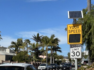 A radar feedback sign in the Crown Point neighborhood of Pacific Beach in San Diego. Feb. 21 2026