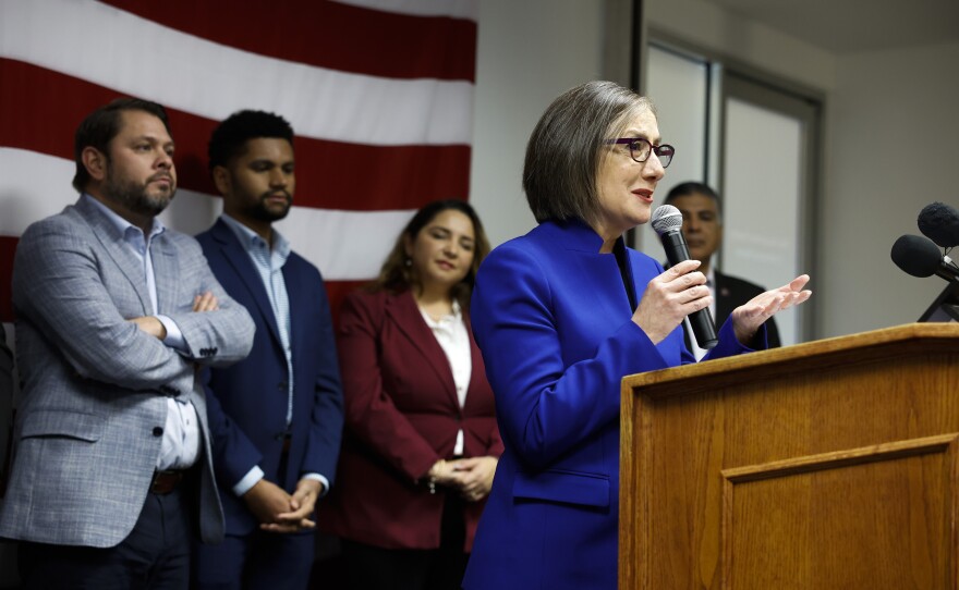 Washington state Democratic Rep. Andrea Salinas speaks at a Congressional Hispanic Caucus event welcoming new Latino members to Congress at the headquarters of the Democratic National Committee in November 2022 in Washington, D.C.