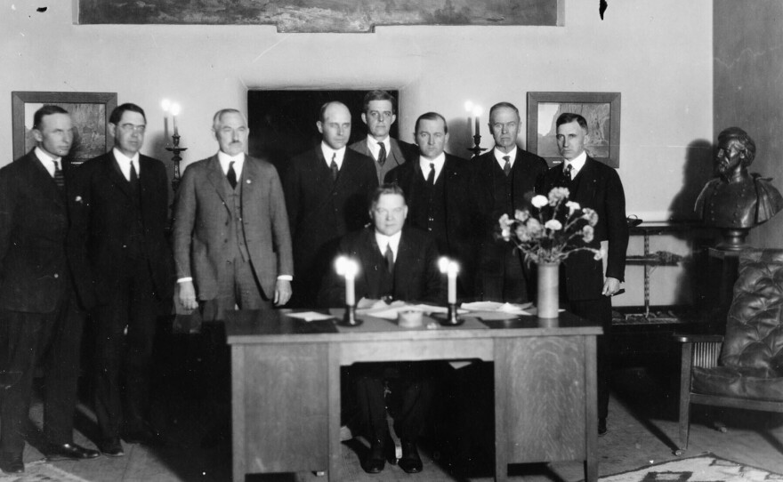 In this photo provided by the U.S. Bureau of Reclamation, Commerce Secretary Herbert Hoover presides over the signing of the Colorado River Compact in Santa Fe, N.M., on Nov. 24, 1922.