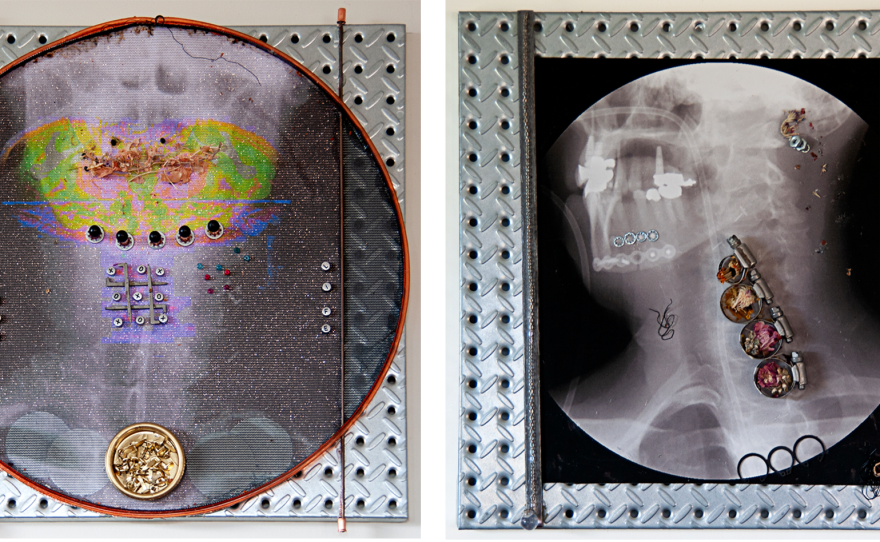 <strong>Left</strong>: <em>Poison 2,</em> 2022. Mixed media, found material. 16 in. x 16 in. <strong>Right</strong>: <em>Poison 1</em>, 2022. Mixed media, found material. 16 in. x 16 in.