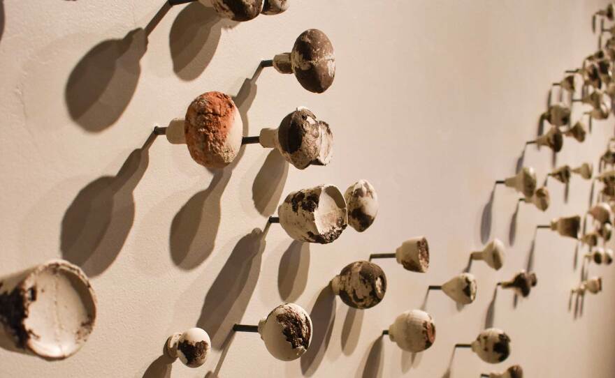 San Diego artist Kline Swonger's sculptural installation, "A Place Called Home" includes 117 door knobs. It's part of the exhibition "Four Visions: A Celebration of the Year of the Woman," on the walls of the currently-closed Cannon Gallery in Carlsbad. 