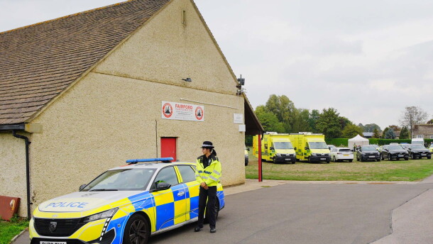 Emergency services at the scene of an incident close to RAF Fairford,, in Whelford, England, Sunday, Sept. 27, 2026.