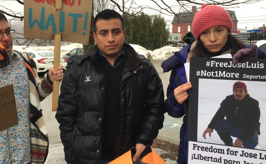 Victor Garcia Diaz, left, and Zully Palacios Rodriguez, at a recent demonstration in Richford, Vt. They are two of the undocumented Migrant Justice leaders arrested by ICE.