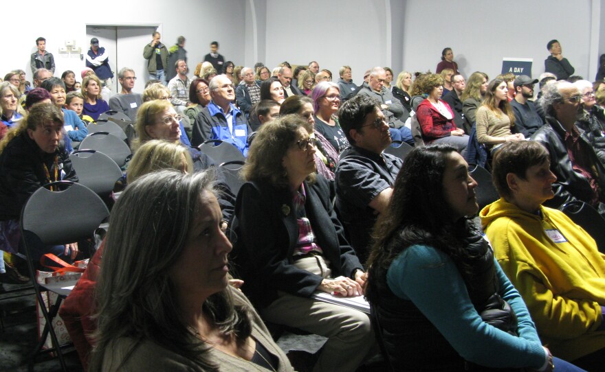 People gather in Campbell, Calif., recently to hear from Native American activists about their experiences fighting the Dakota Access Pipeline near the Standing Rock reservation in South Dakota.