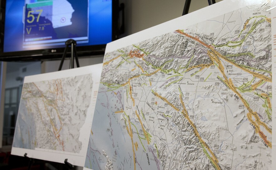 A map shows earthquake faults in part of Southern California. Scientists using hundreds of graphics processors found that the region experienced 1.81 million temblors over a decade-long span — 10 times more than what had previously been detected.