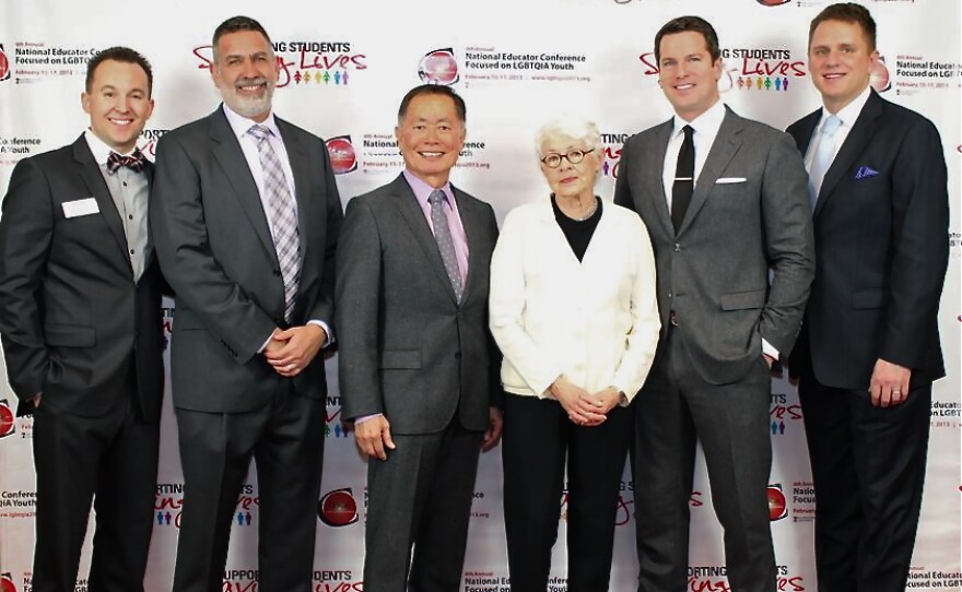 From Left to Right: Vinnie Pompei (Project Director & Conference Chair) Michael Yudin (Keynote Speaker) Actor George Takei (Honoree) Betty DeGeneres (Ellen's Mother) (Honoree) MSNBC Anchor Thomas Roberts (Honoree) City Councilmember, Fort Worth, Texas, Joel Burns (Honoree)
