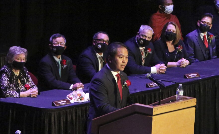 Mayor Sokhary Chau addresses the assembly during the Lowell City Council swearing-in ceremony on Monday in Lowell, Mass.