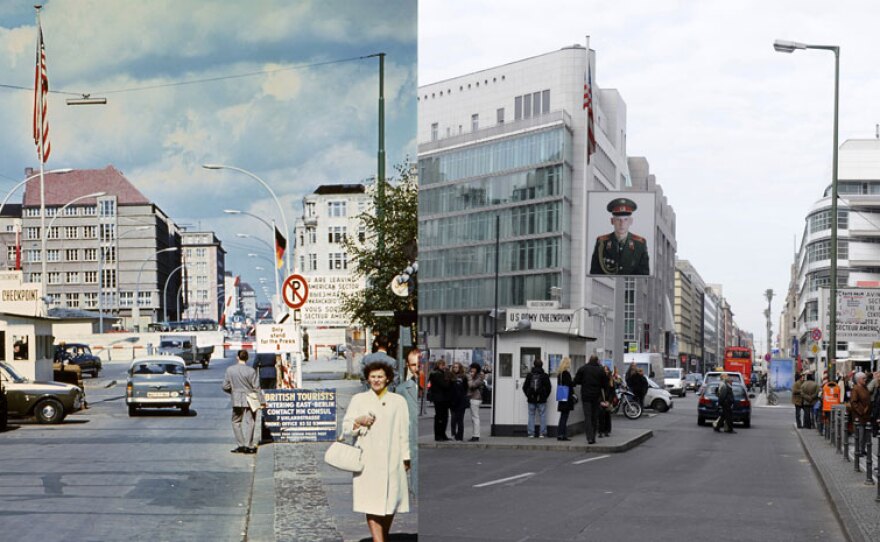 Checkpoint Charlie shown in June 1968 (left) and October 2009 (right). During the Cold War, Checkpoint Charlie was the main border crossing between East and West Berlin; today, the historic site is a popular shopping district and tourist attraction.