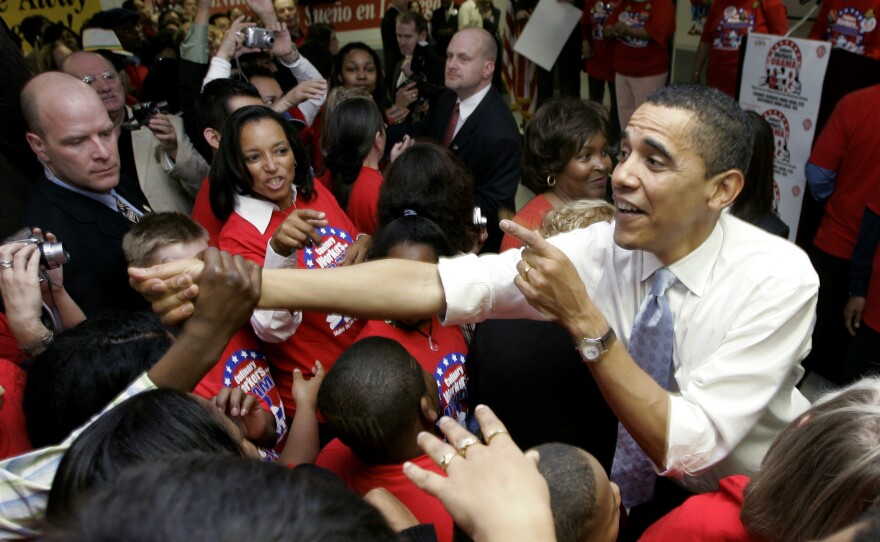 Then-Democratic presidential hopeful Barack Obama works the crowd at a rally with the Culinary Workers Union Local 226 in Las Vegas in January 2008.