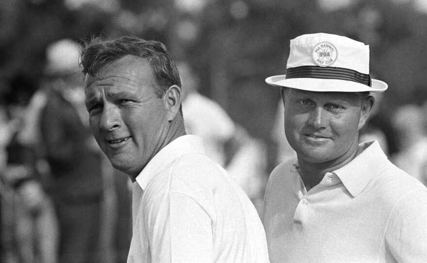 Palmer (left) and his friend and often-rival Jack Nicklaus, after winning a team event in West Palm Beach, Fla., in 1966.