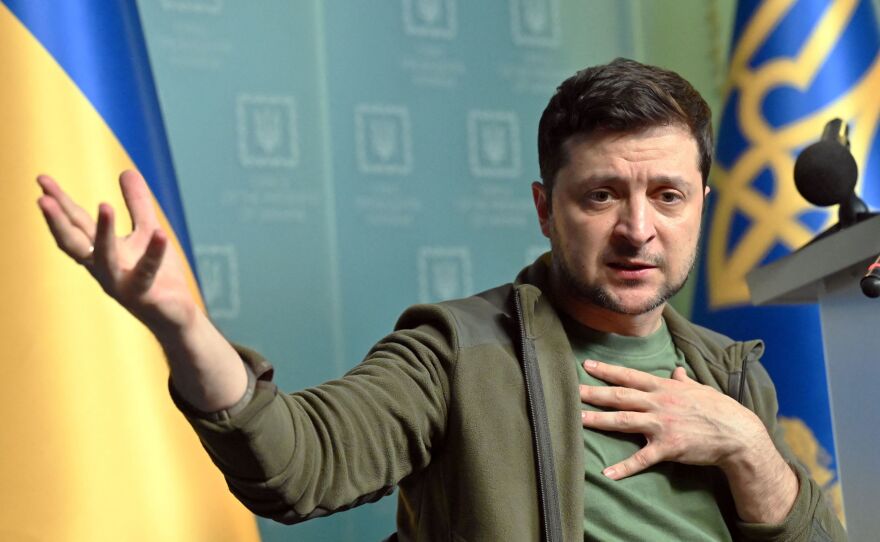 Ukrainian President Volodymyr Zelenskyy gestures as he speaks during a press conference in Kyiv on March 3, 2022.