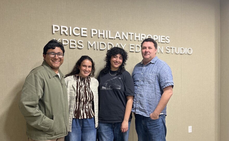 Daily Aztec sports editor Roman Aguilar (left), The Point editor in chief Sydney Brammer, KCR production director and KPBS student assistant Alina Ajaz, stand in the KPBS Midday Edition studio with Roundtable host Andrew Bracken (right), Feb. 6, 2026.